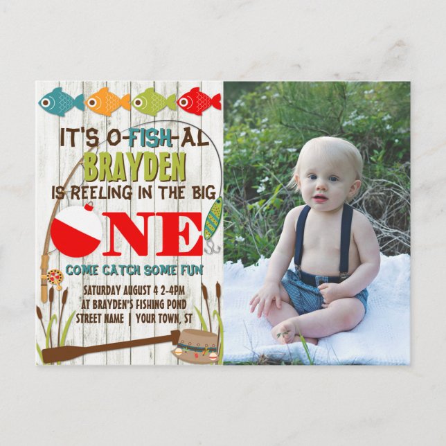 The Big One Fishing Theme Grey Boys First Birthday Invitation Postcard (Front)