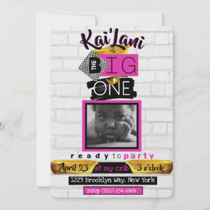 The BIG One Hip Hop Retro 1st Birthday Photo Pink Invitation