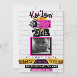 The BIG One  Hip Hop Retro 1st Birthday Photo Pink Invitation
