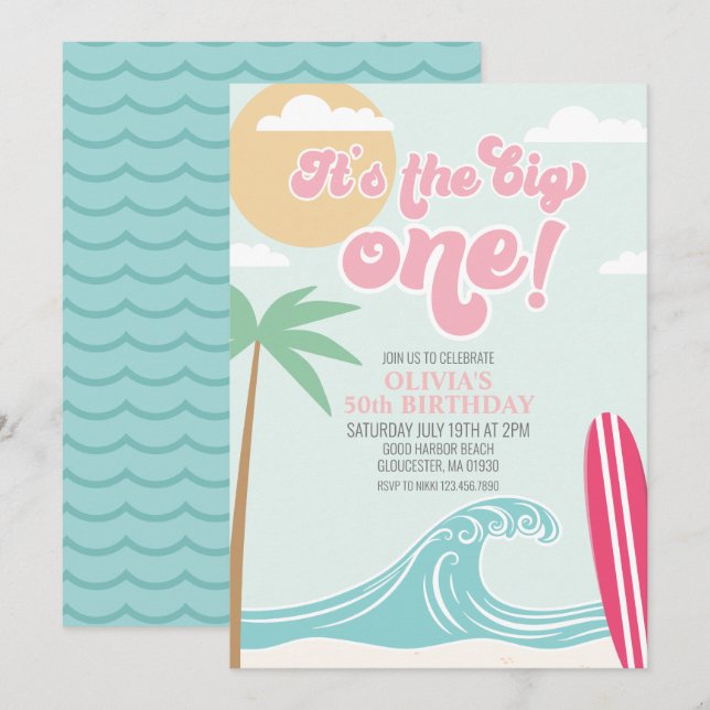 The Big One Pink Beach Birthday Invitation (Front/Back)