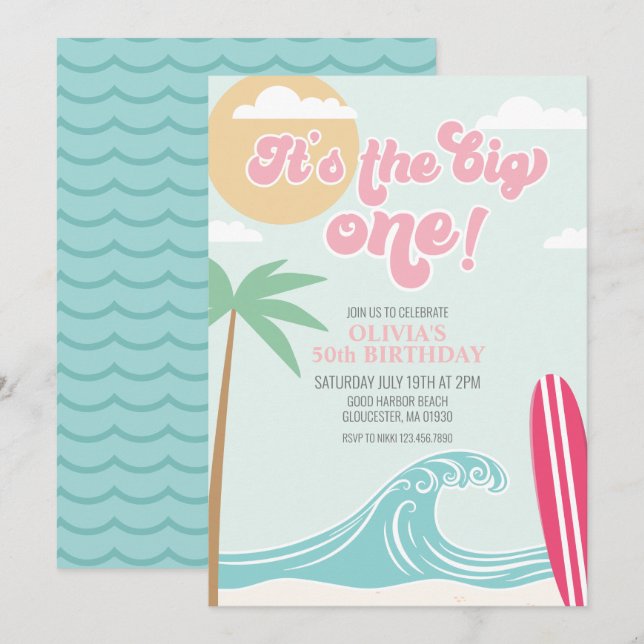 The Big One Pink Beach Birthday Invitation (Front/Back)