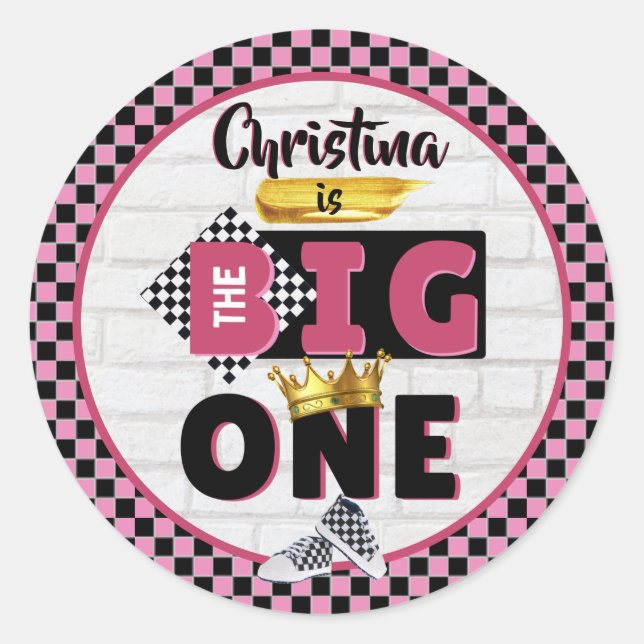 The Big One| PINK Retro Hip Hop 1st Birthday Classic Round Sticker (Front)