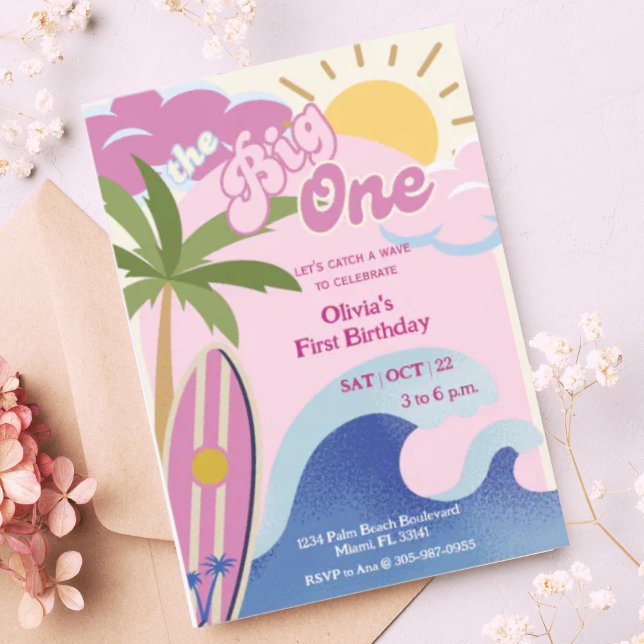 The Big One Pink Retro Surfing First Birthday  Invitation (Creator Uploaded)