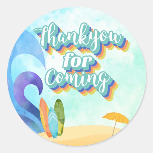 The Big One Surf Beach Birthday Thank you Sticker (Front)