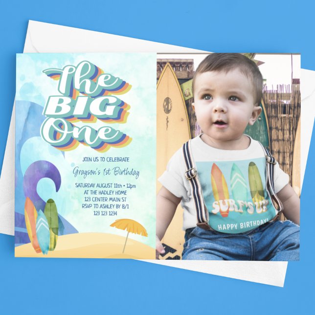 The Big One Surf Beach First Birthday Photo Invitation (Creator Uploaded)