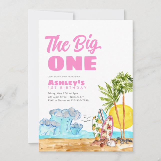 The Big One Surf Waves Hot Pink Beach 1st Birthday Invitation (Front)