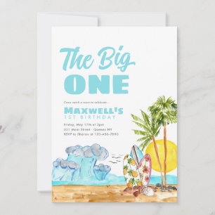 The Big One Surf Waves Tropical Beach 1st Birthday Invitation