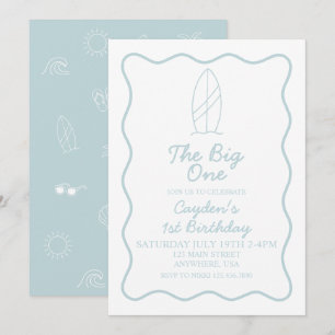 The Big One Surfboard and beach doodles Birthday  Invitation