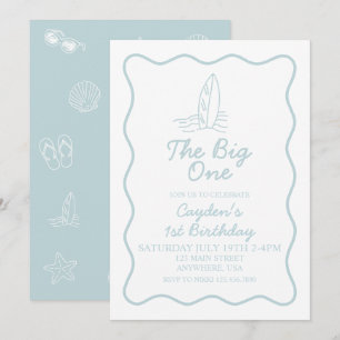 The Big One Surfboard and beach doodles Birthday  Invitation