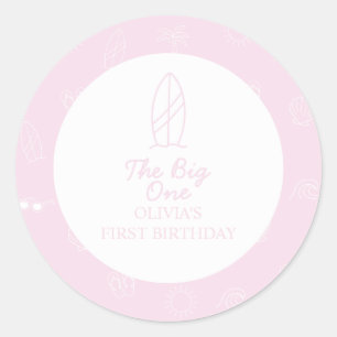 The Big One Surfboard beach doodle First Birthday Classic Round Sticker