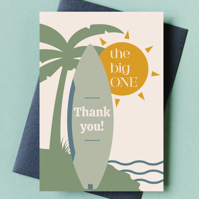 "The big ONE" Surfboard Ocean 1st Birthday Party Thank You Card (the big one green surfboard 1st birthday party surfing first birthday thank you note gender neutral)