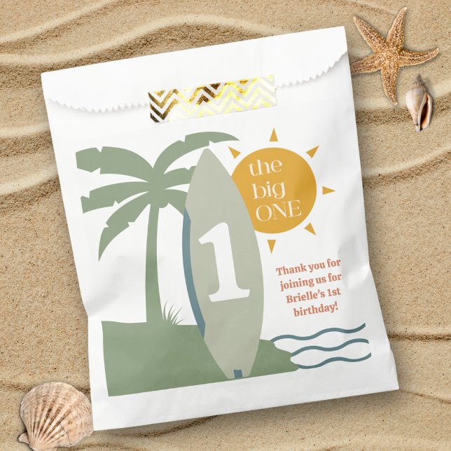 "The big ONE" Surfboard Ocean First Birthday Party Favour Bags (the big one Green surfboard first birthday party favor bag surfing theme ocean beach theme 1st bday)