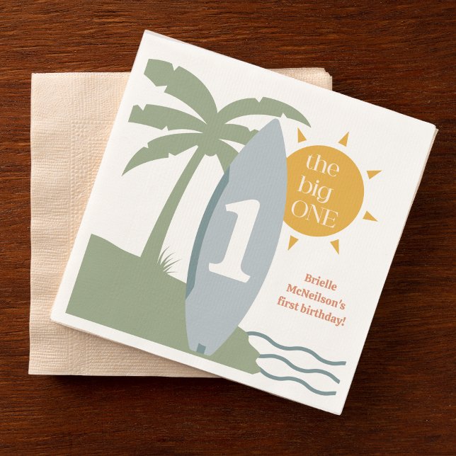 "The big ONE" surfboard ocean first birthday party Napkin ("the big one" blue surfboard first birthday party napkin surfing theme ocean beach theme 1st bday)