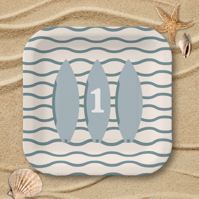 "The big ONE" surfboard ocean first birthday party Paper Plate ("the big one" Green surfboard first birthday party plate surfing theme ocean beach theme 1st bday)