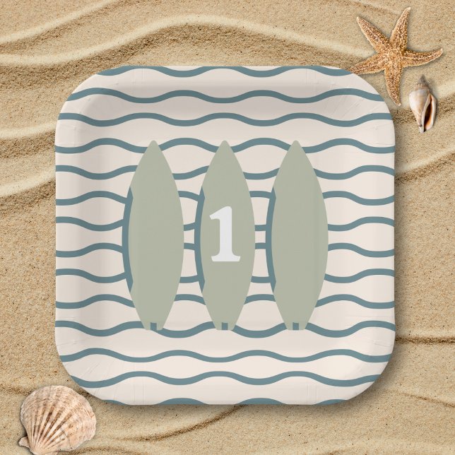 "The big ONE" surfboard ocean first birthday party Paper Plate ("the big one" Green surfboard first birthday party plate surfing theme ocean beach theme 1st bday)