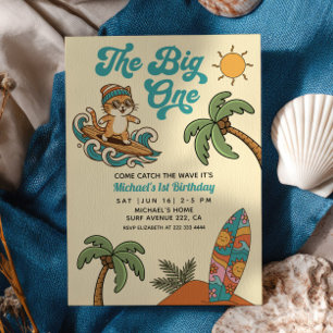 The Big One Surfer Cat Retro Summer 1st Birthday Invitation