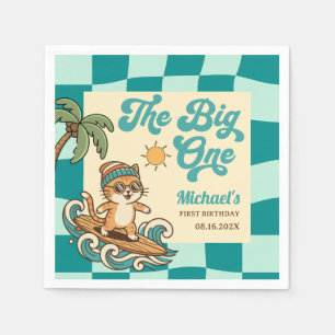 The Big One Surfer Cat Retro Summer 1st Birthday Napkin