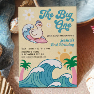 The Big One Surfer Goose Retro Summer 1st Birthday Invitation