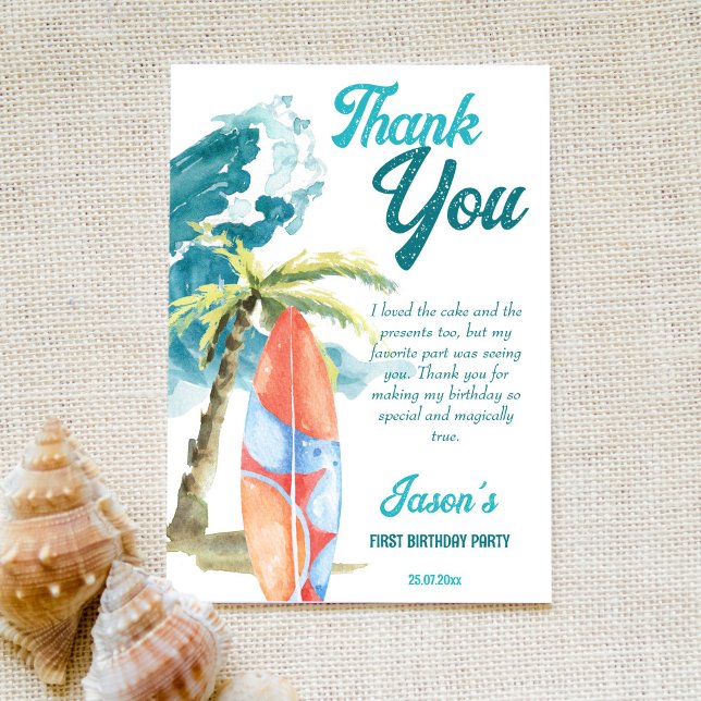 The big one surfing retro beach party thank you card (Creator Uploaded)