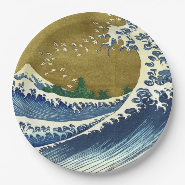 The Big Wave (Blue and Gold Japanese Art, Hokusai) Paper Plate (Front)