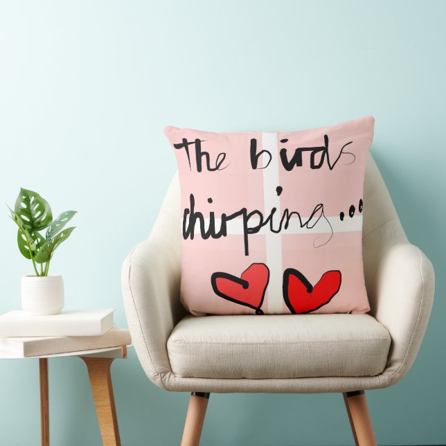 The Bird’s Chirping - Pink Window Red Throw Pillow (Chair)
