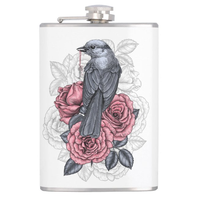 The bird with the silver key hip flask (Front)
