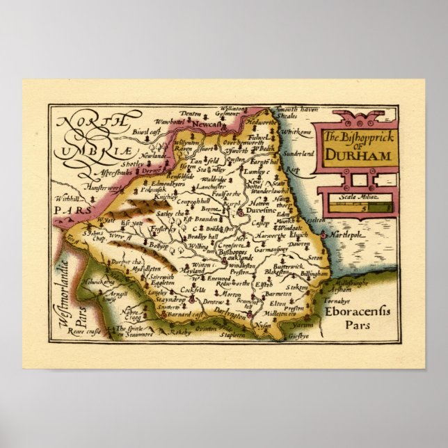 The Bishopprick of Durham County England Old Map Poster (Front)