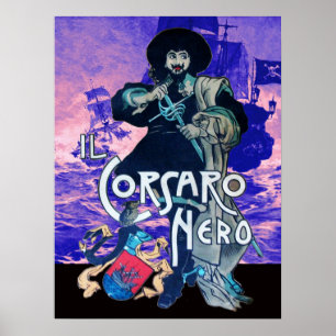 THE BLACK CORSAIR /Pirate Ship Battle In Blue Pink Poster