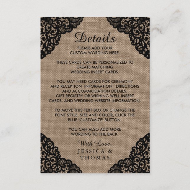 The Black Lace On Rustic Burlap Wedding Collection Enclosure Card (Front)