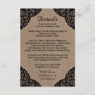 The Black Lace On Rustic Burlap Wedding Collection Enclosure Card