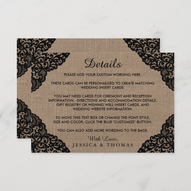 The Black Lace On Rustic Burlap Wedding Collection Enclosure Card (Front/Back)