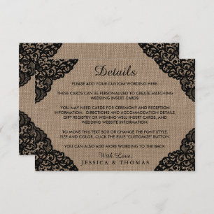 The Black Lace On Rustic Burlap Wedding Collection Enclosure Card