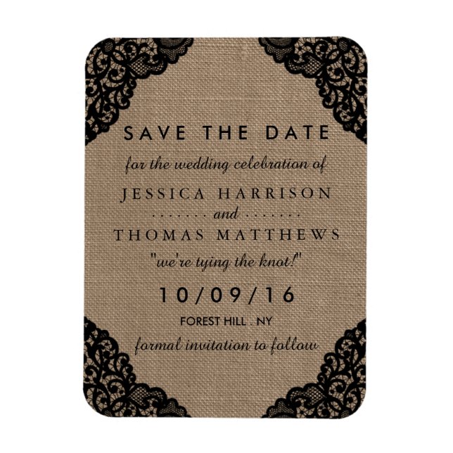 The Black Lace On Rustic Burlap Wedding Collection Magnet (Vertical)