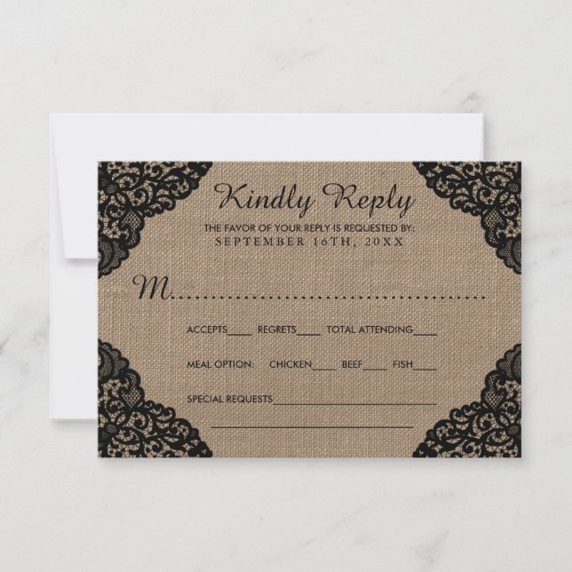 The Black Lace On Rustic Burlap Wedding Collection RSVP Card (Front)