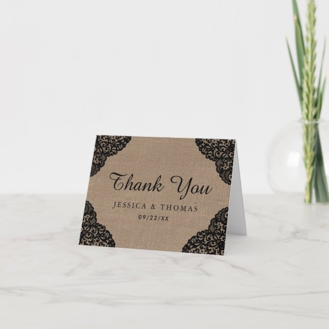 The Black Lace On Rustic Burlap Wedding Collection Thank You Card (Front)