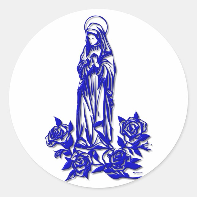 The Blessed Virgin Mary ( with blue roses ) Classic Round Sticker (Front)