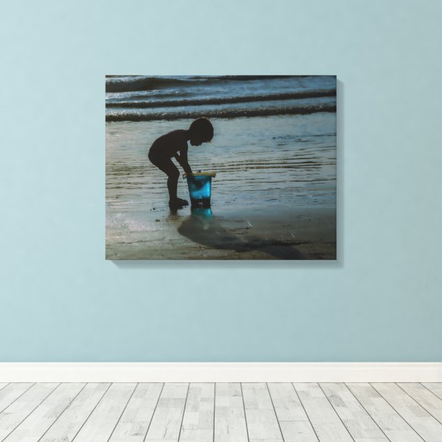 The Blue Bucket Silhoutte Beach Children Canvas Print (Insitu(Wood Floor))