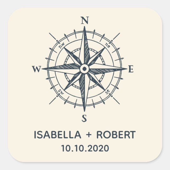 The Blue Compass | Wedding Monogram Square Sticker (Front)