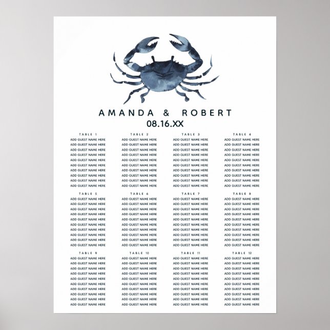 The Blue Crab | Nautical Wedding Seating Chart (Front)