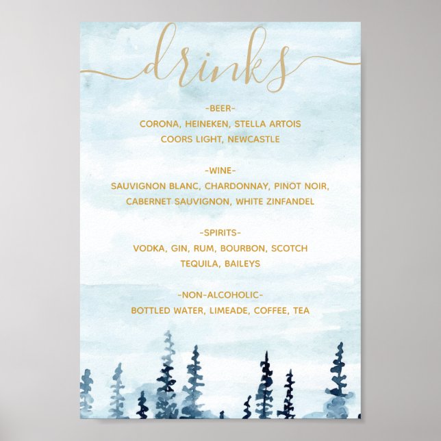 The Blue Forest Watercolor Drinks Menú Poster (Front)