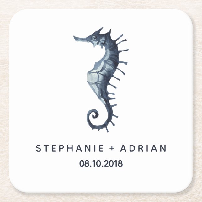 The Blue Seahorse | Customised Wedding Square Paper Coaster (Front)