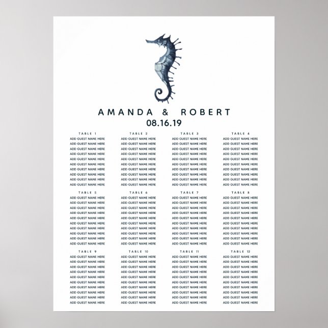The Blue Seahorse | Nautical Wedding Seating Chart (Front)