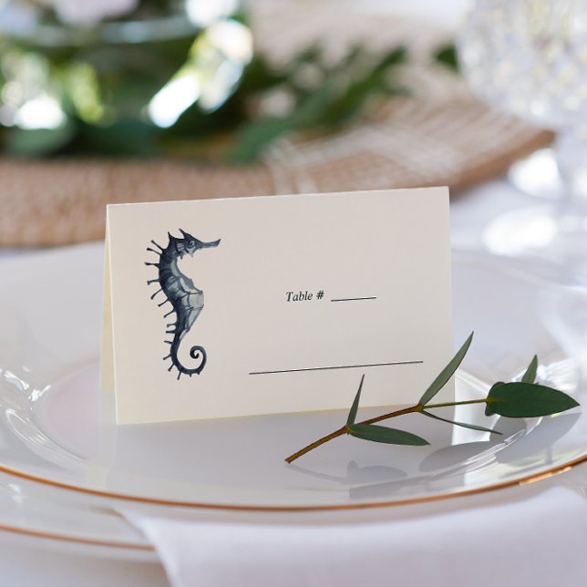 The Blue Seahorse | Nautical Wedding table place Card (Creator Uploaded)