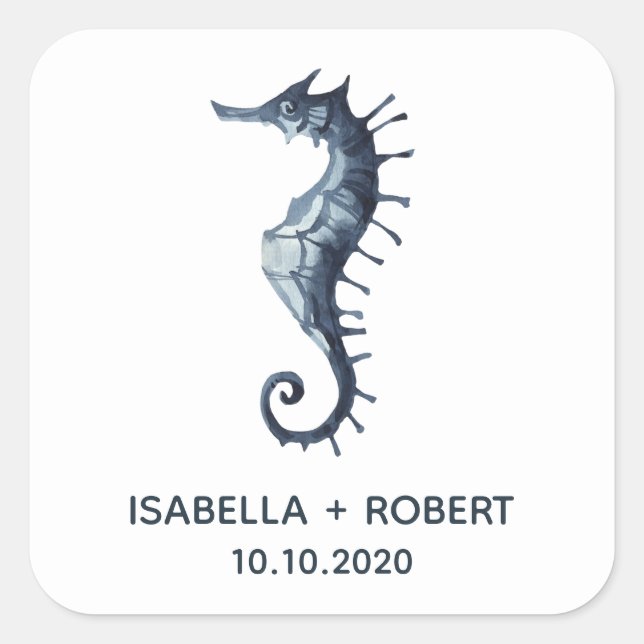 The Blue Seahorse | Wedding Monogram Square Sticker (Front)
