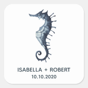 The Blue Seahorse   Wedding Monogram Square Sticker
