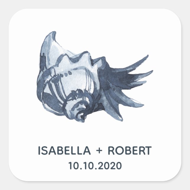 The Blue Seashell | Wedding Monogram Square Sticker (Front)