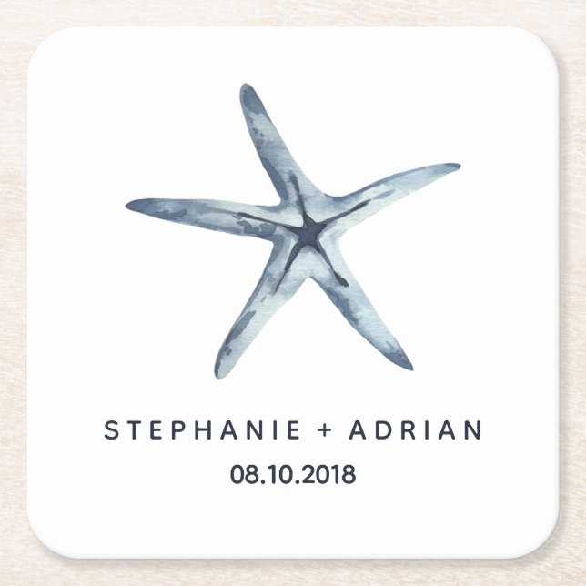The Blue Starfish | Customised Wedding Square Paper Coaster (Front)
