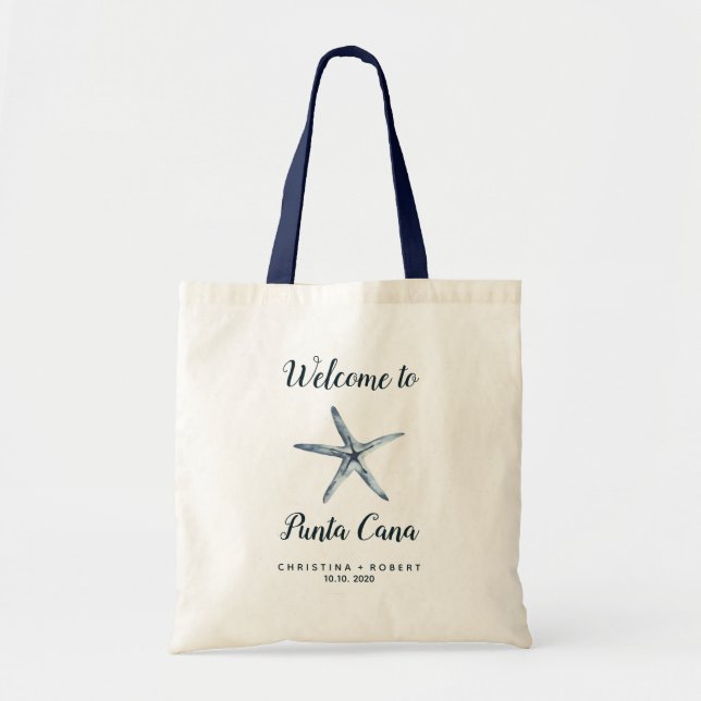 The Blue Starfish Nautical Wedding Custom Welcome Tote Bag (Front)