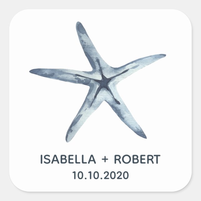 The Blue Starfish | Wedding Monogram Square Sticker (Front)