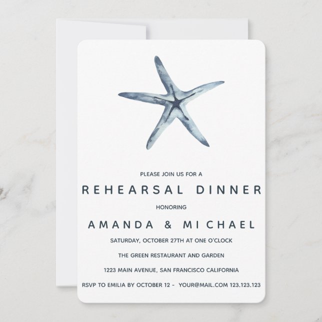 The Blue Starfish Wedding Rehearsal Dinner Invitation (Front)